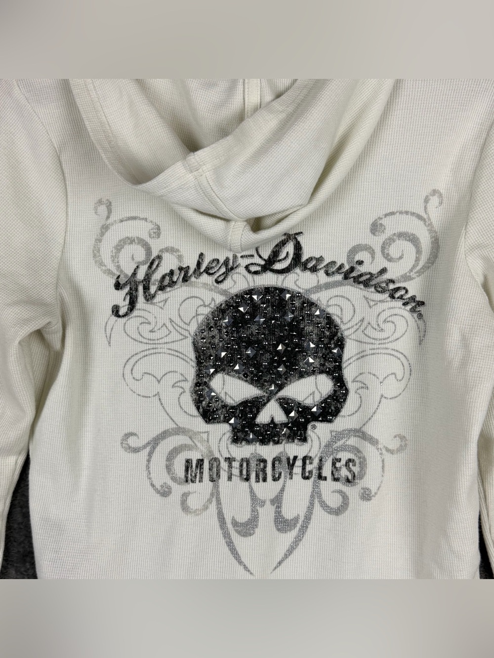 Harley Davidson White Cream Waffle Lace Up Skull Thermal Hoodie Women's Large - Picture 8 of 15
